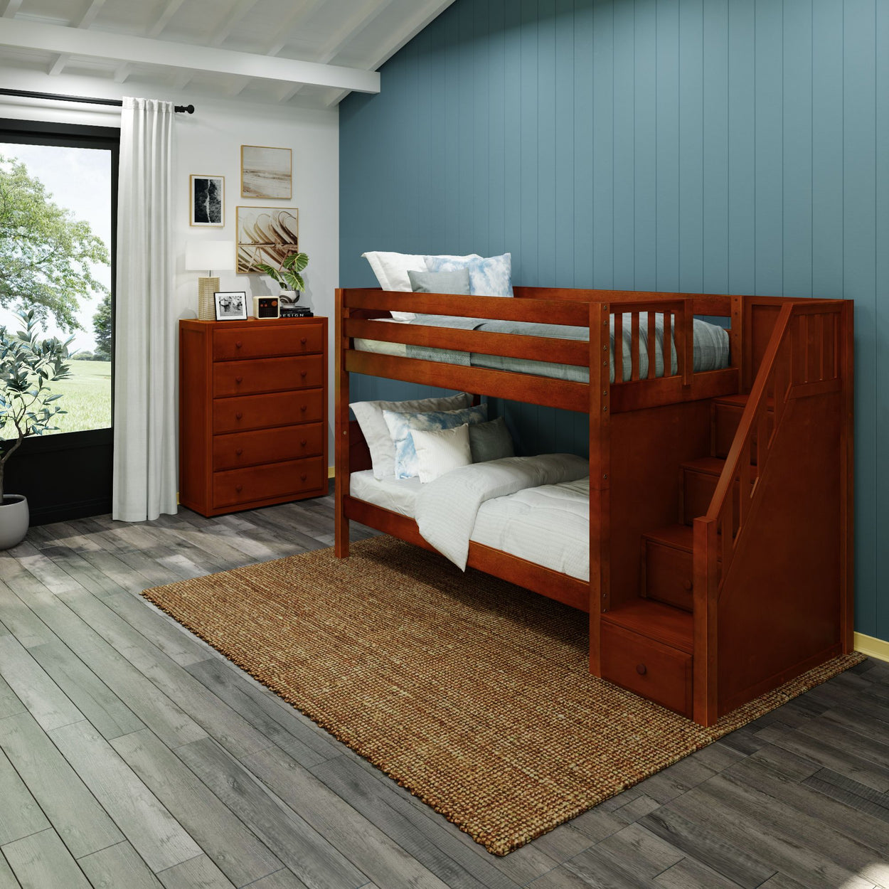 STACKER CP : Bunk Bed Twin over Twin Low Bunk Bed with Storage Staircase Entry, Panel, Chestnut Finish, Panel, Chestnut