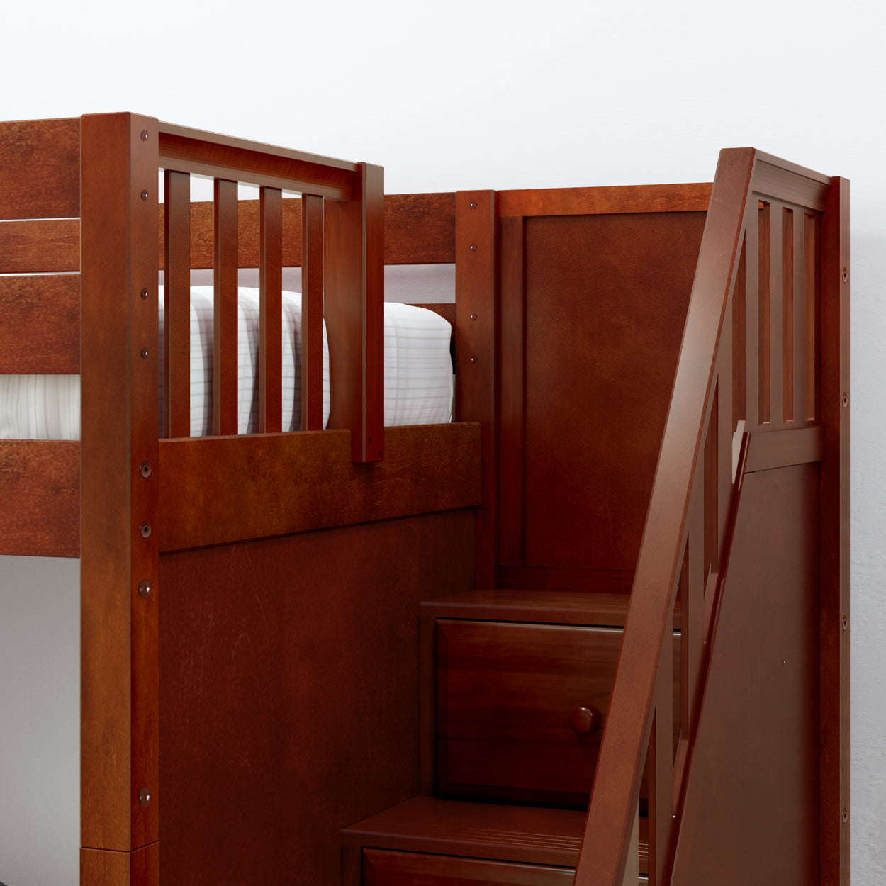 STACKER CP : Classic Bunk Beds Twin over Twin Low Bunk Bed with Storage Staircase Entry, Panel, Chestnut Finish, Panel, Chestnut