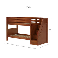 STACKER CP : Classic Bunk Beds Twin over Twin Low Bunk Bed with Storage Staircase Entry, Panel, Chestnut Finish, Panel, Chestnut