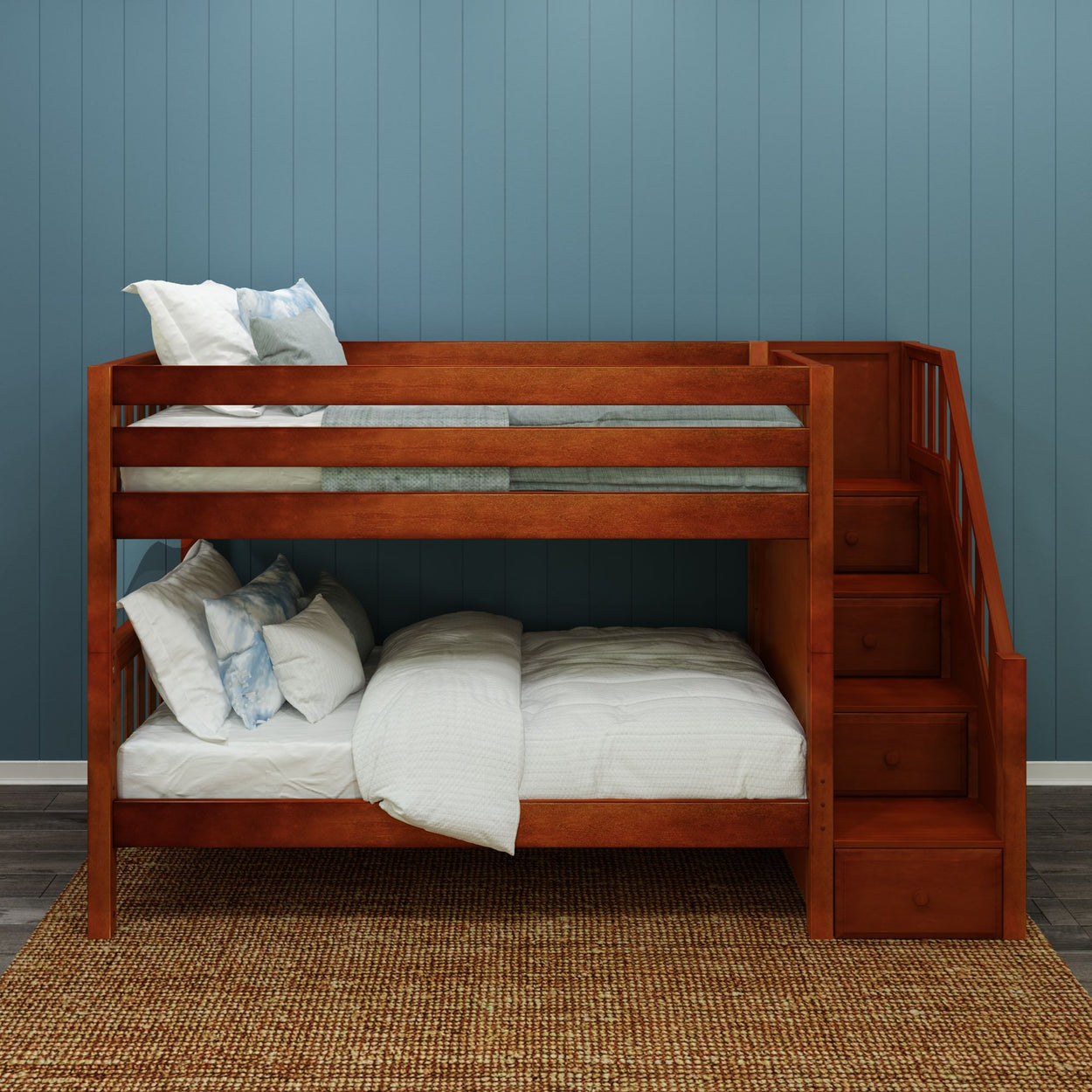 STACKER CS : Bunk Bed Twin Low Bunk Bed with Stairs, Slat, Chestnut