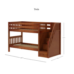 STACKER CS : Bunk Bed Twin Low Bunk Bed with Stairs, Slat, Chestnut