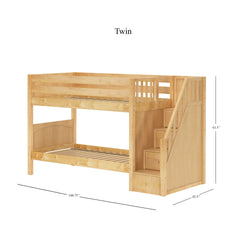 STACKER NP : Classic Bunk Beds Twin over Twin Low Bunk Bed with Storage Staircase Entry, Panel, Natural Finish, Panel, Natural