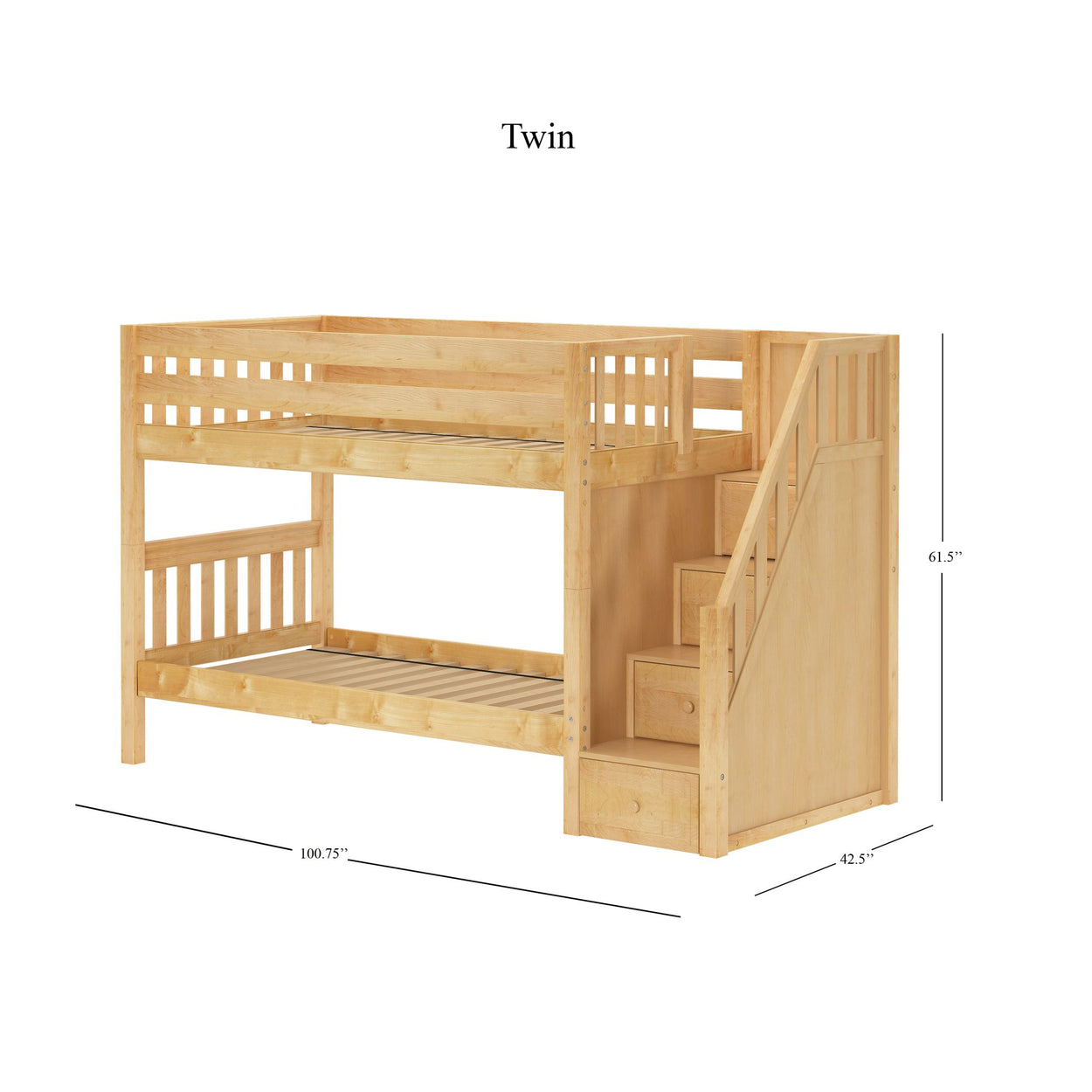 STACKER NS : Classic Bunk Beds Twin Low Bunk Bed with Stairs, Slat, Natural