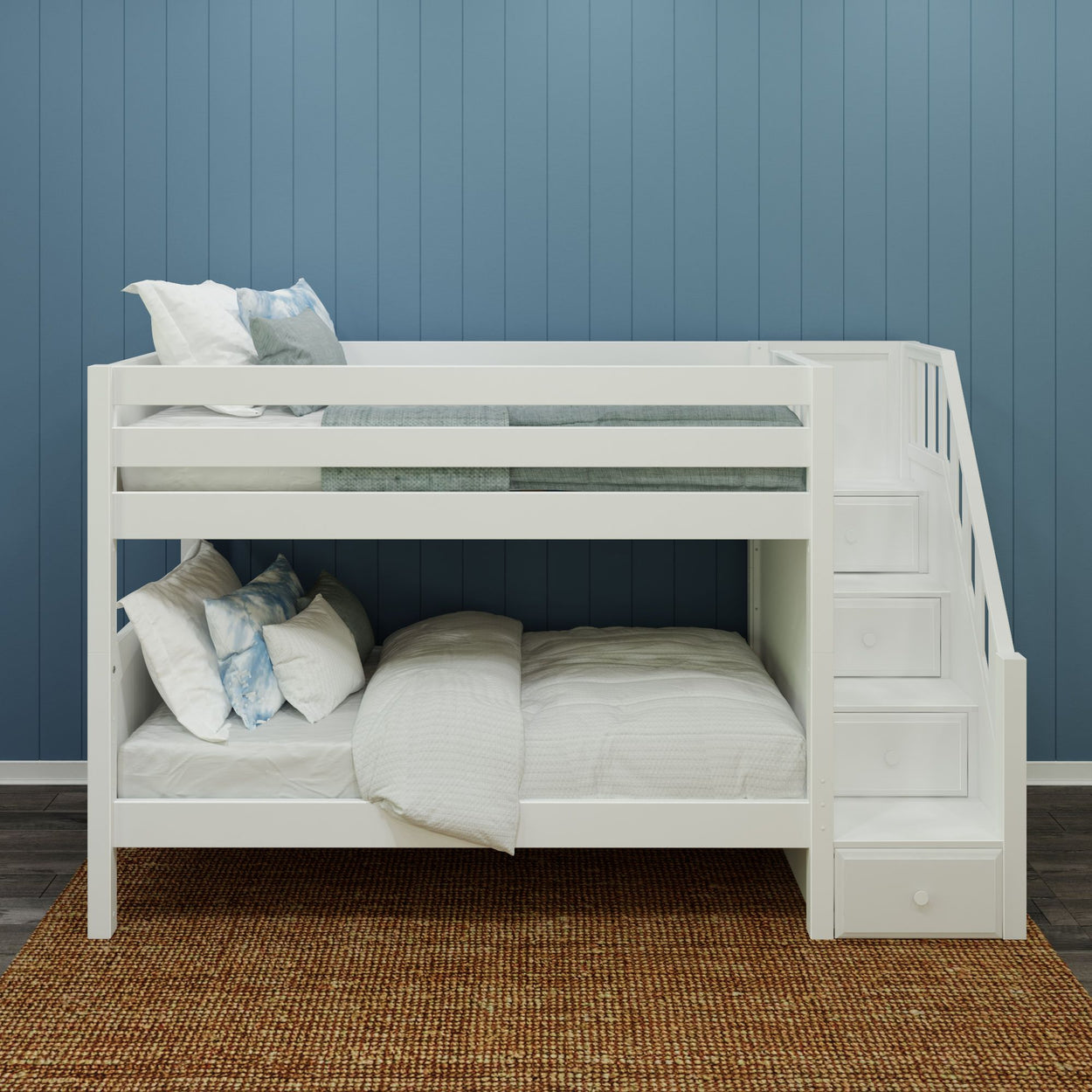 STACKER WP : Classic Bunk Beds Twin over Twin Low Bunk Bed with Storage Staircase Entry, Panel, White Finish, Panel, White