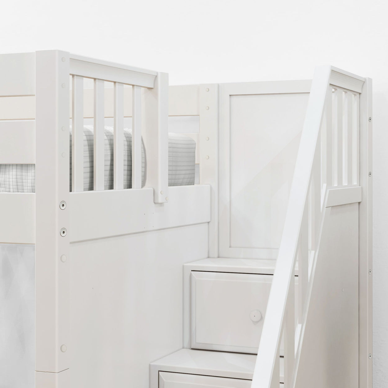 STACKER WP : Classic Bunk Beds Twin over Twin Low Bunk Bed with Storage Staircase Entry, Panel, White Finish, Panel, White