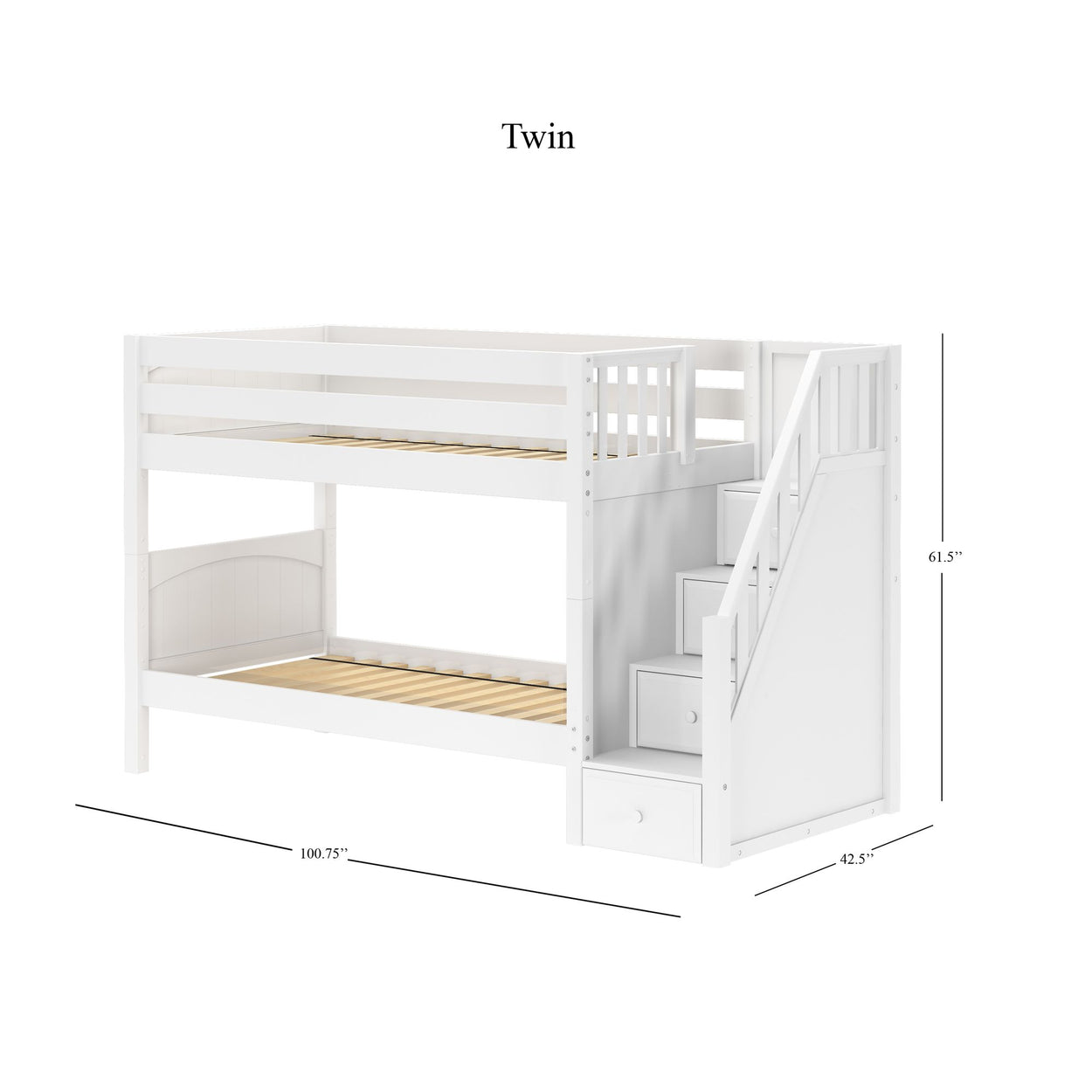 STACKER WP : Bunk Bed Twin over Twin Low Bunk Bed with Storage Staircase Entry, Panel, White Finish, Panel, White