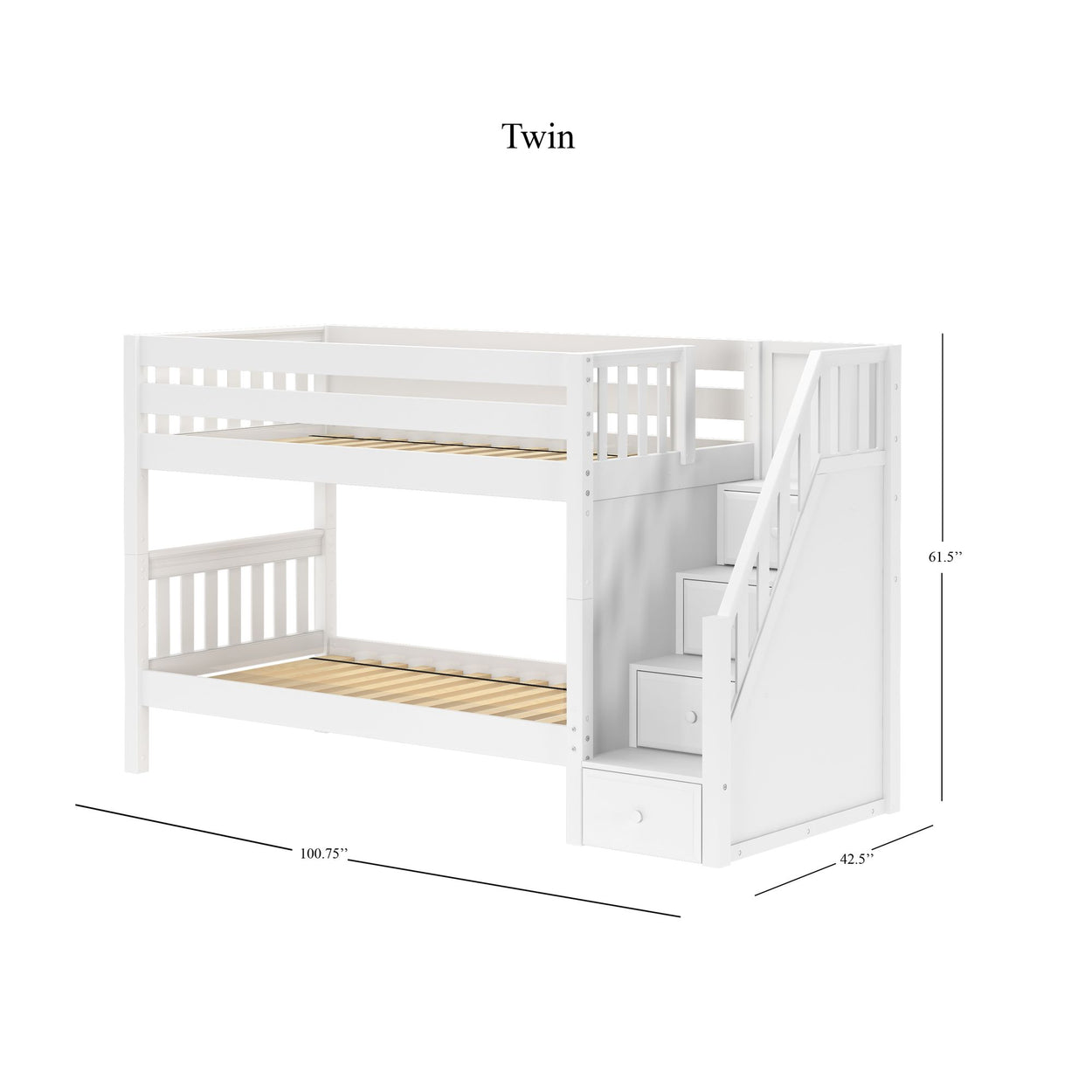 STACKER WS : Bunk Bed Twin Low Bunk Bed with Stairs, Slat, White