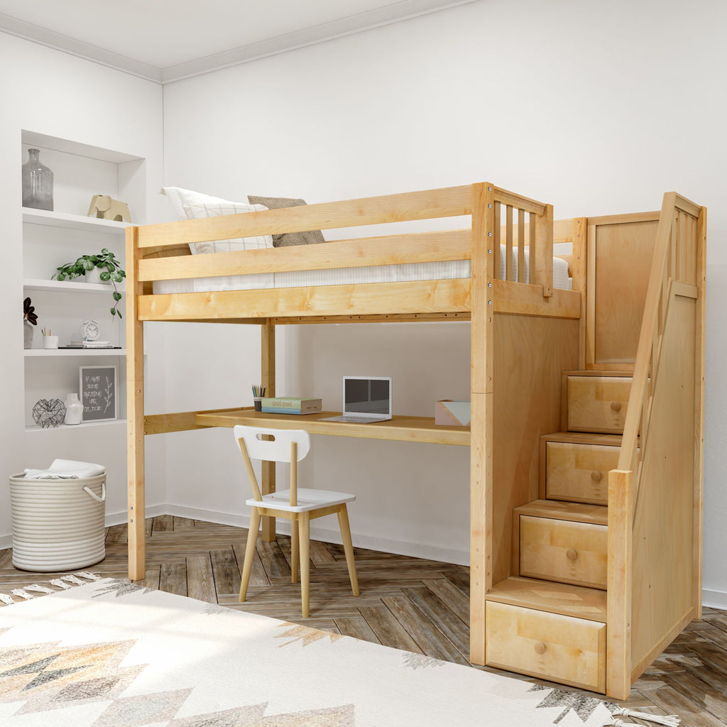 STAR11 NS : Study Loft Beds Twin High Loft Bed with Stairs + Desk, Slat, Natural