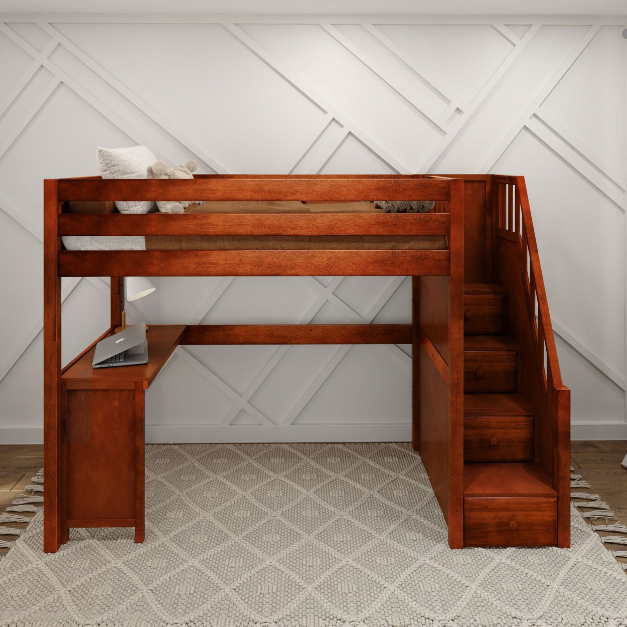 STAR15 CP : Loft Bed Twin High Loft Bed with Stairs + Corner Desk, Panel, Chestnut