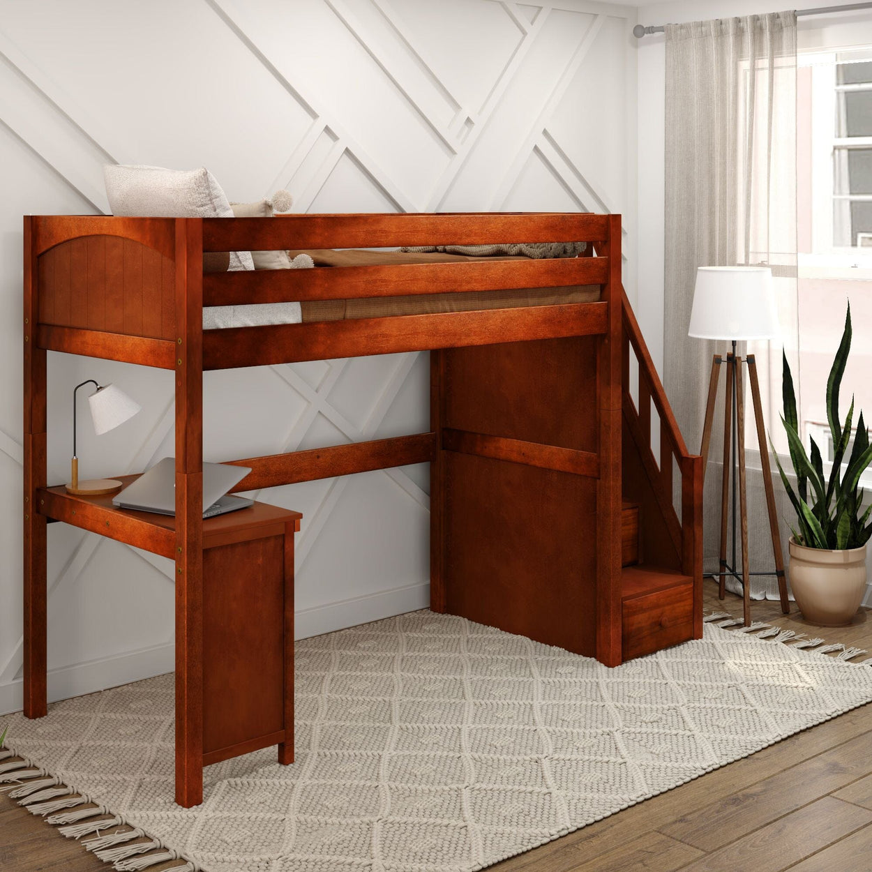 STAR15 CP : Study Loft Beds Twin High Loft Bed with Stairs + Corner Desk, Panel, Chestnut