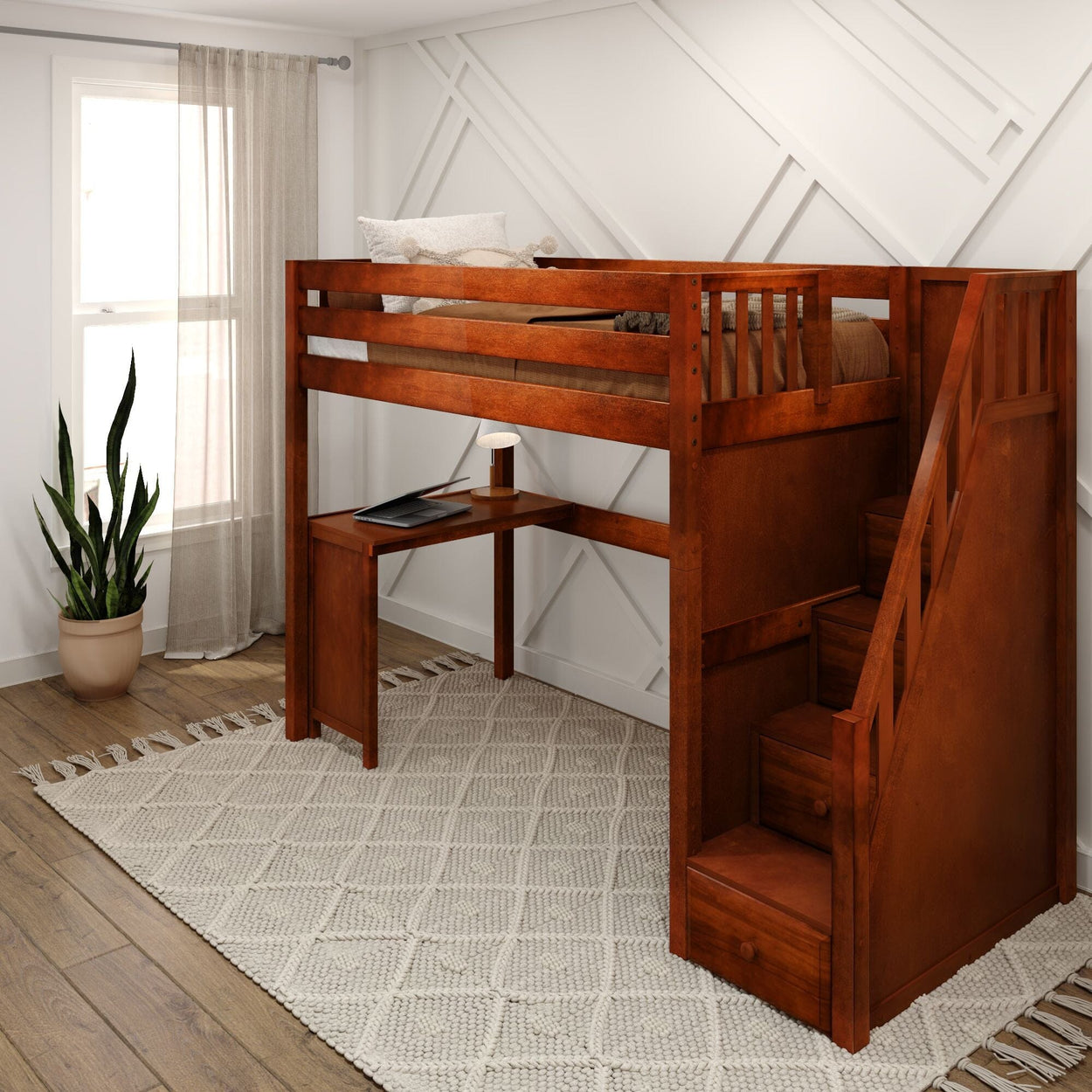 STAR15 CS : Storage & Study Loft Beds Twin High Loft Bed with Stairs + Corner Desk, Slat, Chestnut