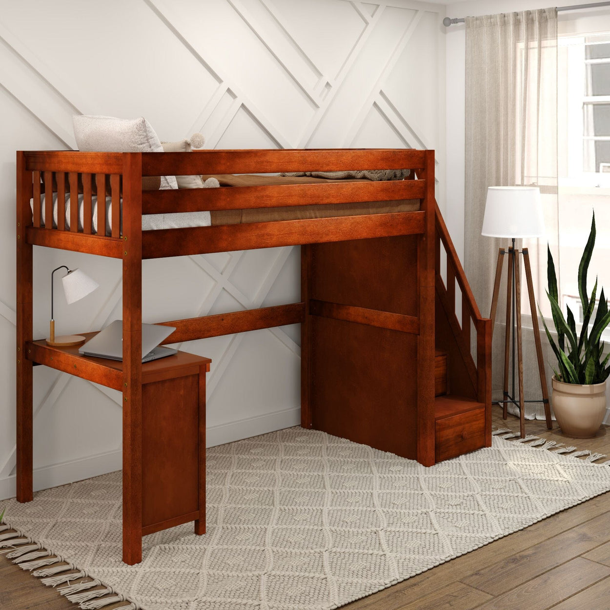 STAR15 CS : Study Loft Beds Twin High Loft Bed with Stairs + Corner Desk, Slat, Chestnut