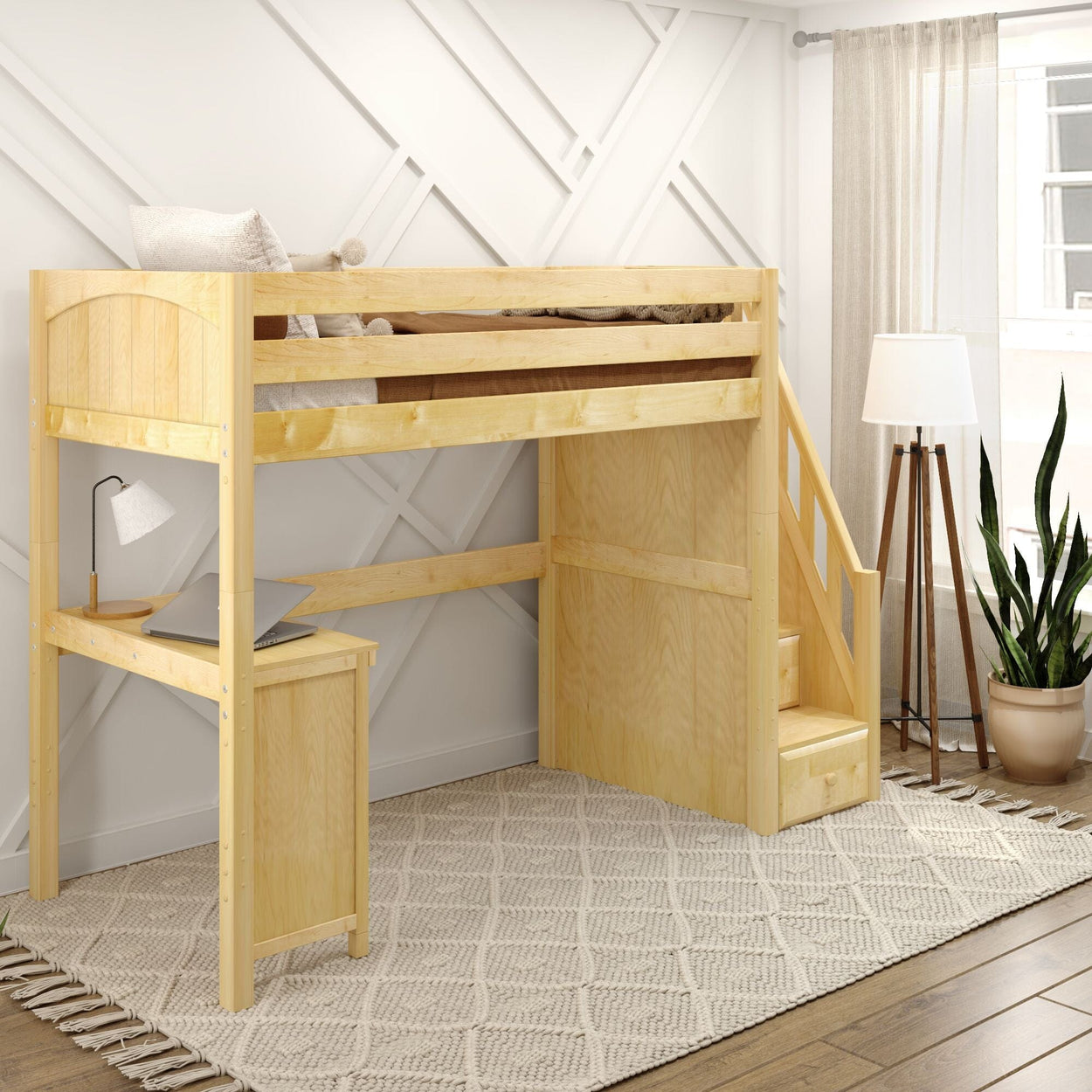 STAR15 NP : Loft Bed Twin High Loft Bed with Stairs + Corner Desk, Panel, Natural