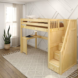 STAR15 NS : Loft Bed Twin High Loft Bed with Stairs + Corner Desk, Slat, Natural