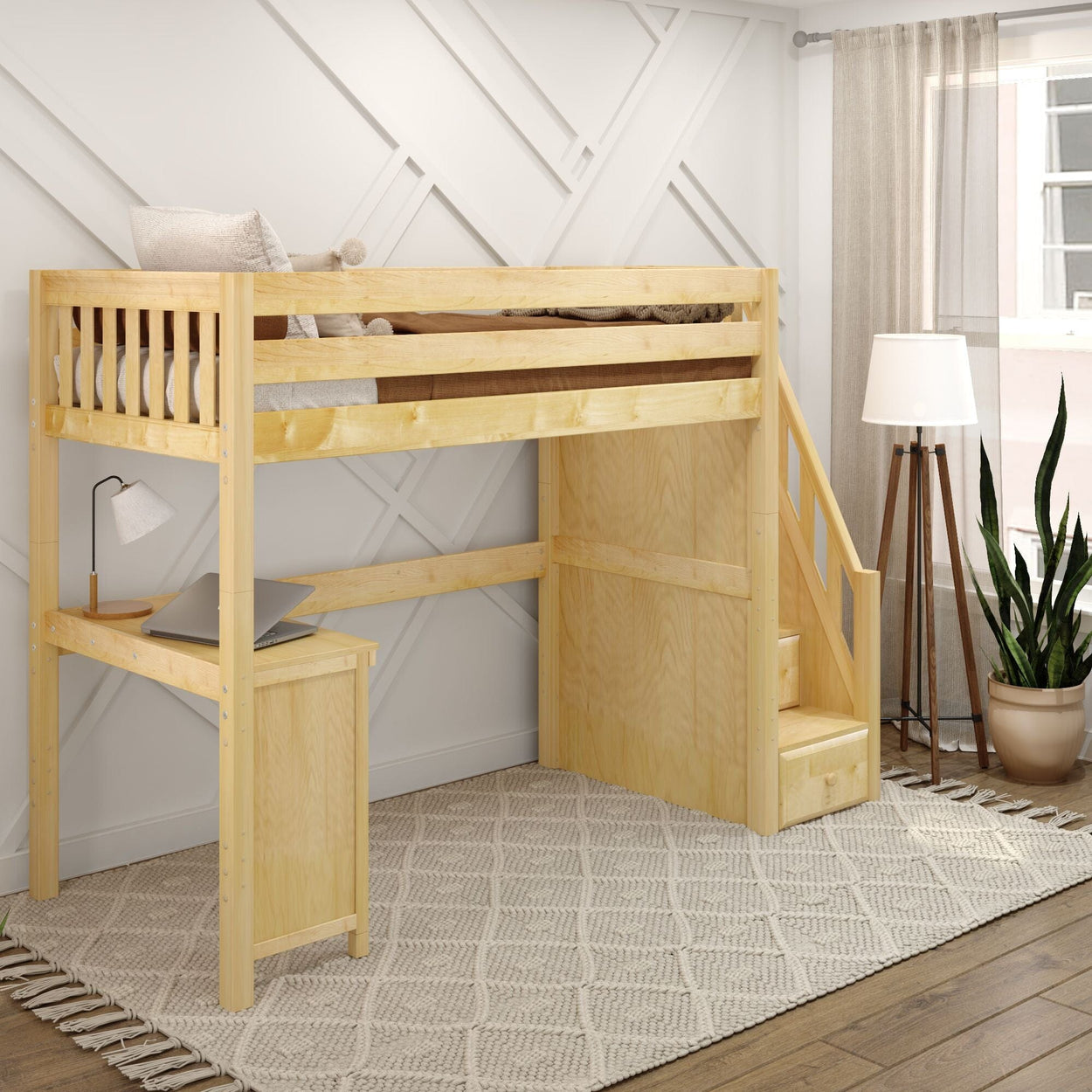 STAR15 NS : Study Loft Beds Twin High Loft Bed with Stairs + Corner Desk, Slat, Natural