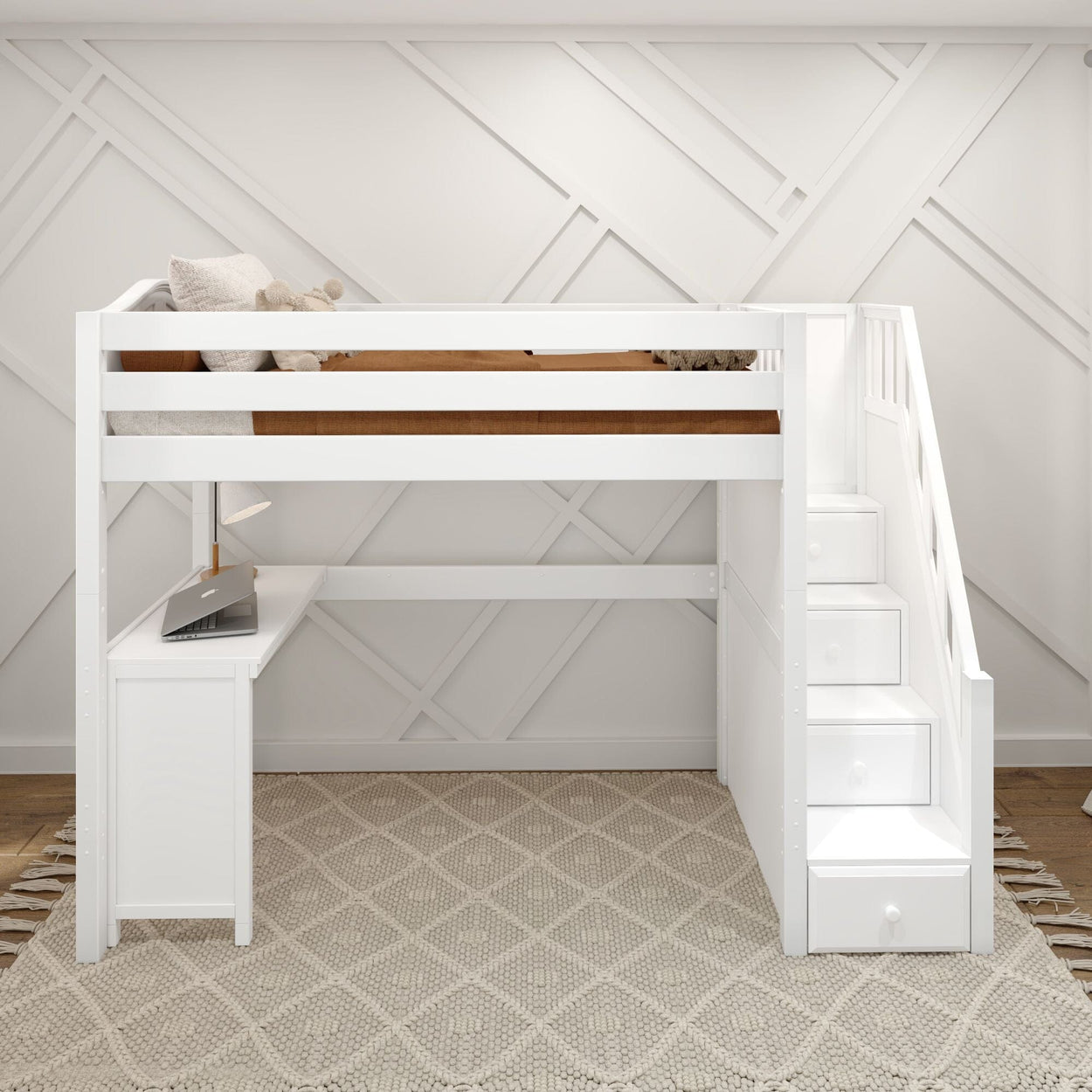 STAR15 WC : Storage & Study Loft Beds Twin High Loft Bed with Stairs + Corner Desk, Curved, White