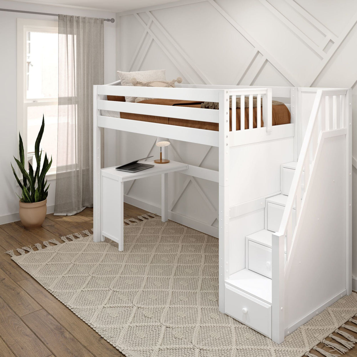 STAR15 WC : Storage & Study Loft Beds Twin High Loft Bed with Stairs + Corner Desk, Curved, White