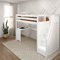 STAR15 WC : Storage & Study Loft Beds Twin High Loft Bed with Stairs + Corner Desk, Curved, White