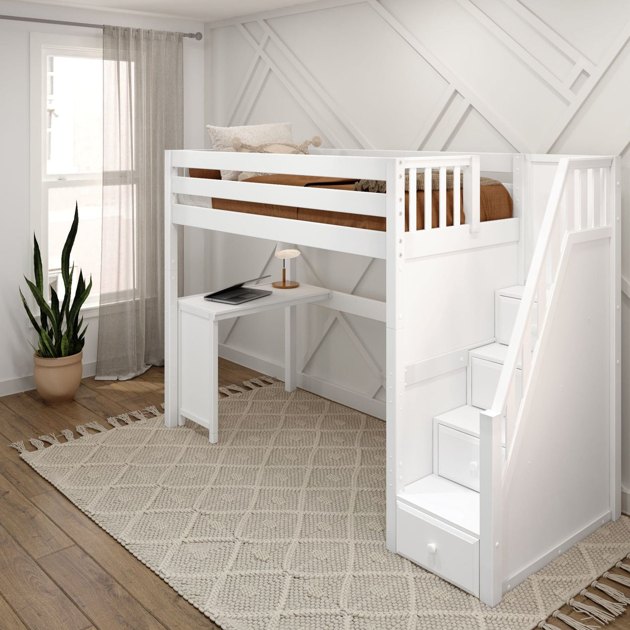 STAR15 WS : Study Loft Beds Twin High Loft Bed with Stairs + Corner Desk, Slat, White