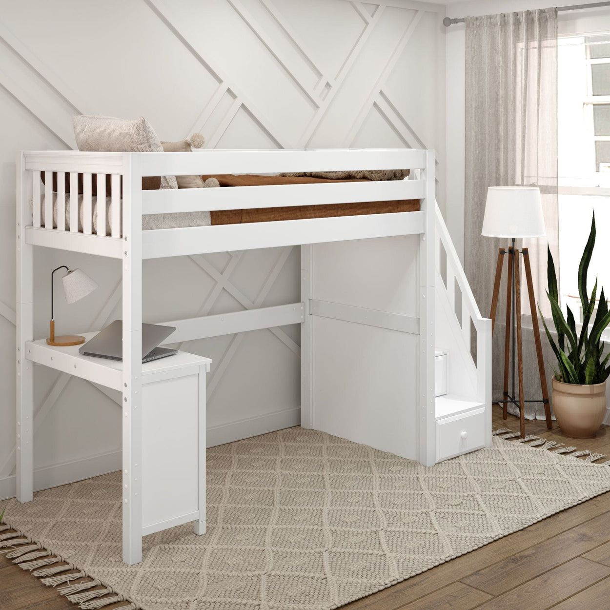 STAR15 WS : Study Loft Beds Twin High Loft Bed with Stairs + Corner Desk, Slat, White