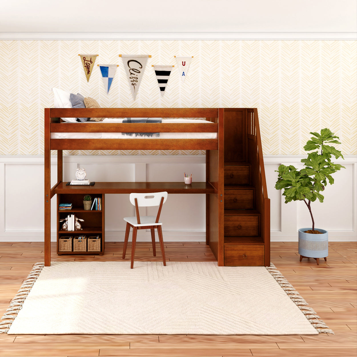 STAR18 CP : Storage & Study Loft Beds Twin High Loft w/staircase, long desk, 22.5" low bookcase, Panel, Chestnut