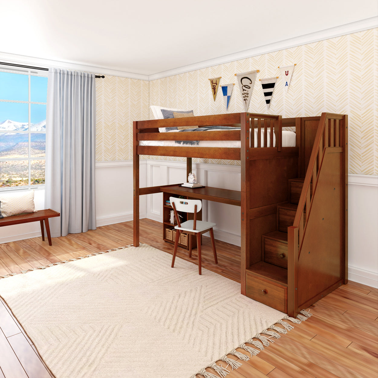 STAR18 CP : Study Loft Beds Twin High Loft w/staircase, long desk, 22.5" low bookcase, Panel, Chestnut