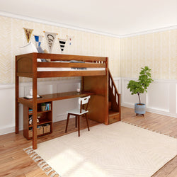 STAR18 CP : Storage & Study Loft Beds Twin High Loft w/staircase, long desk, 22.5" low bookcase, Panel, Chestnut