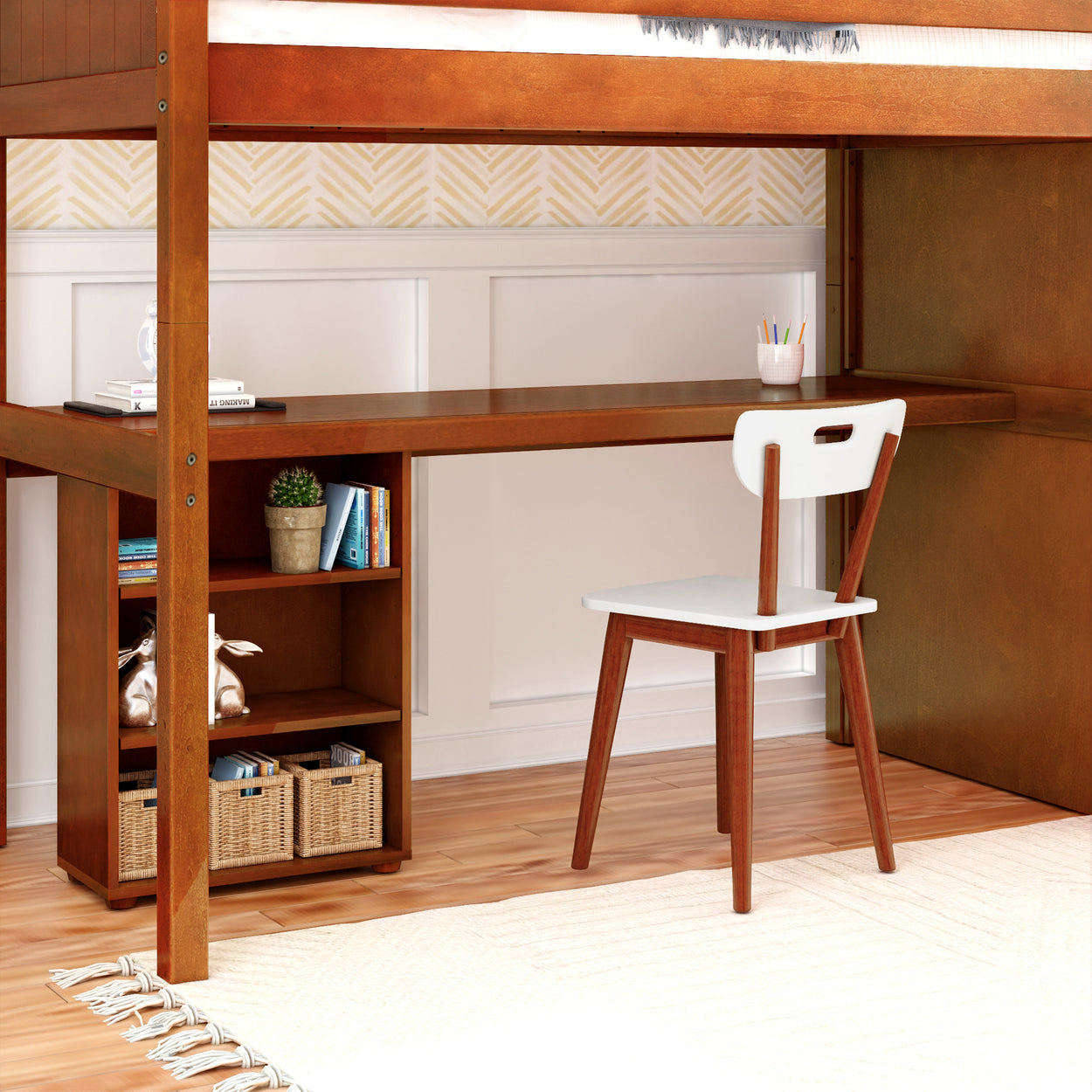 STAR18 CP : Storage & Study Loft Beds Twin High Loft w/staircase, long desk, 22.5" low bookcase, Panel, Chestnut