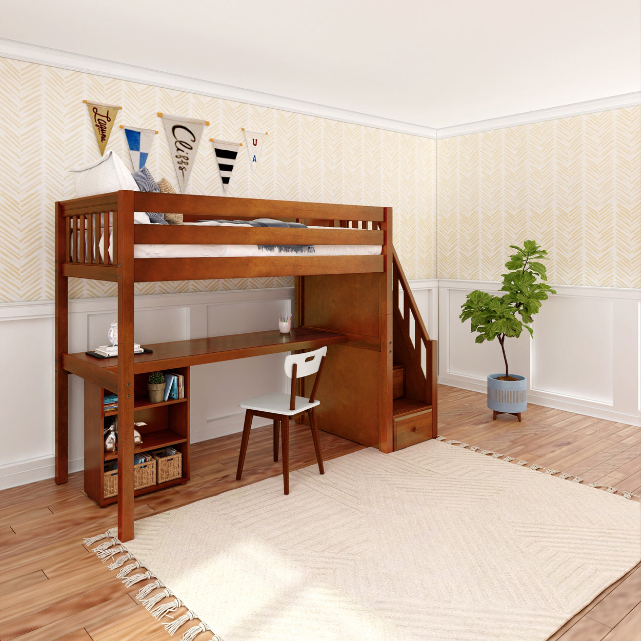 STAR18 CS : Storage & Study Loft Beds Twin High Loft w/staircase, long desk, 22.5" low bookcase, Slat, Chestnut