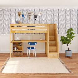 STAR18 NP : Study Loft Beds Twin High Loft w/staircase, long desk, 22.5" low bookcase, Panel, Natural