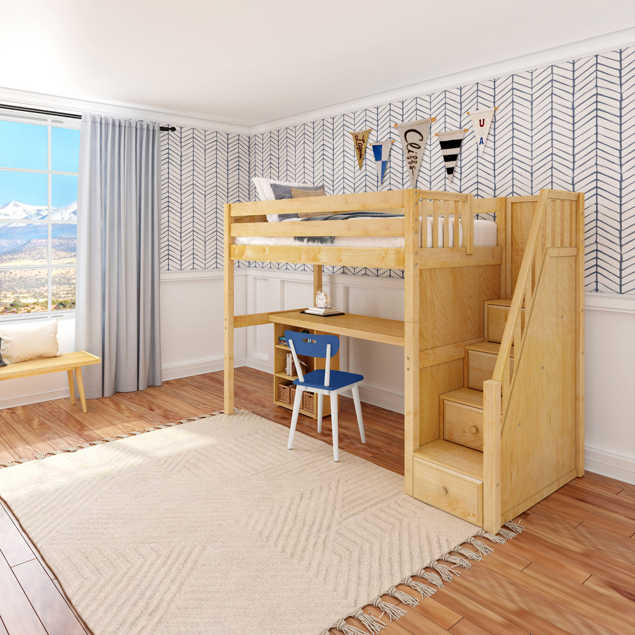 STAR18 NP : Study Loft Beds Twin High Loft w/staircase, long desk, 22.5" low bookcase, Panel, Natural