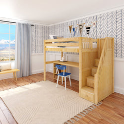 STAR18 NP : Study Loft Beds Twin High Loft w/staircase, long desk, 22.5" low bookcase, Panel, Natural