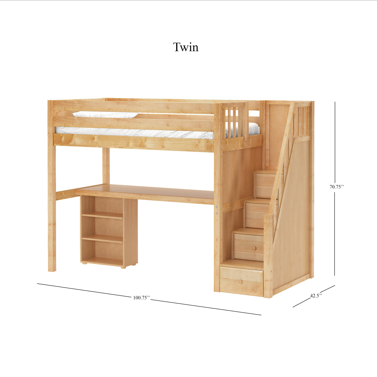 STAR18 NP : Study Loft Beds Twin High Loft w/staircase, long desk, 22.5" low bookcase, Panel, Natural