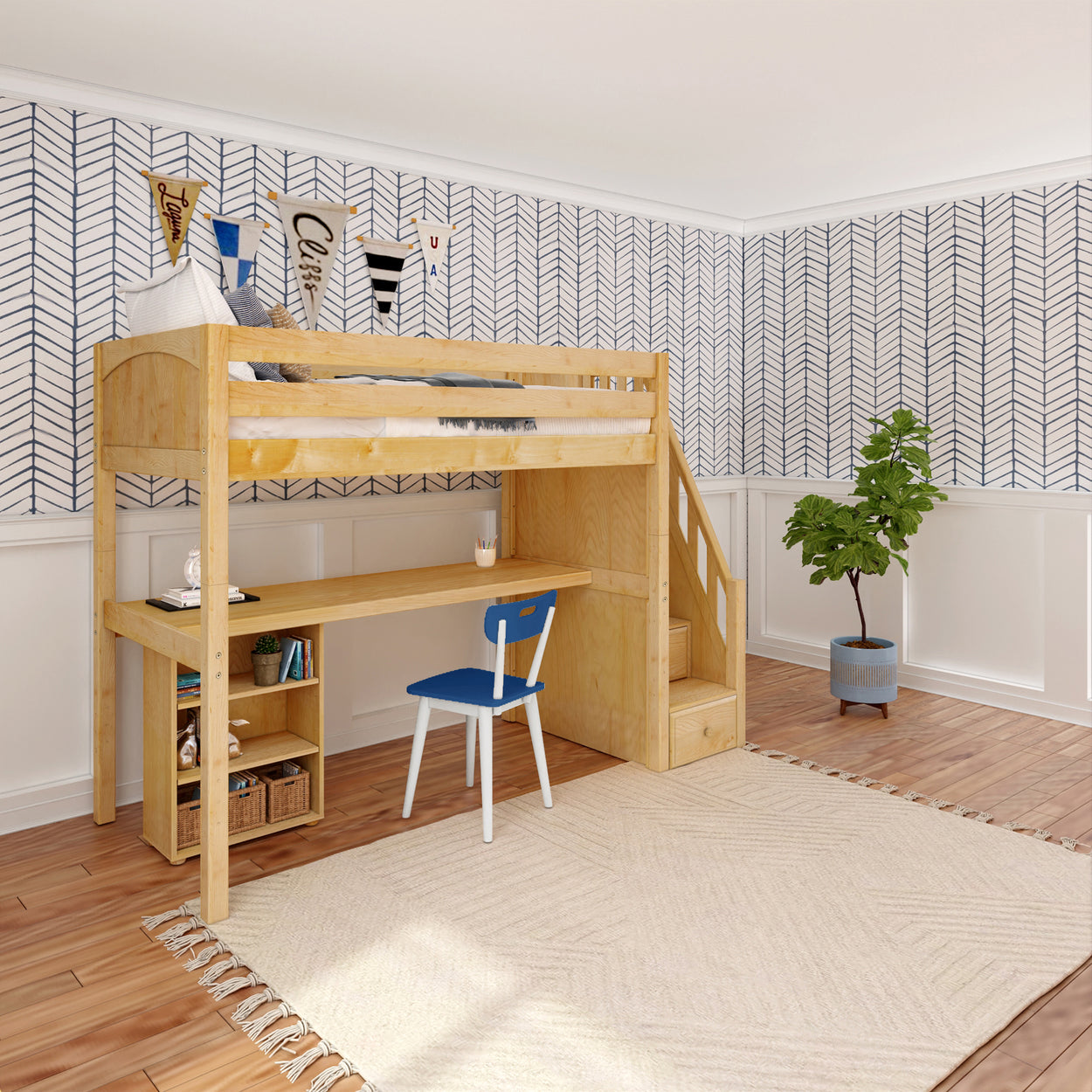 STAR18 NP : Study Loft Beds Twin High Loft w/staircase, long desk, 22.5" low bookcase, Panel, Natural