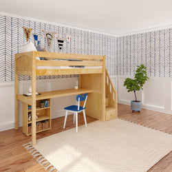 STAR18 NP : Storage & Study Loft Beds Twin High Loft w/staircase, long desk, 22.5" low bookcase, Panel, Natural