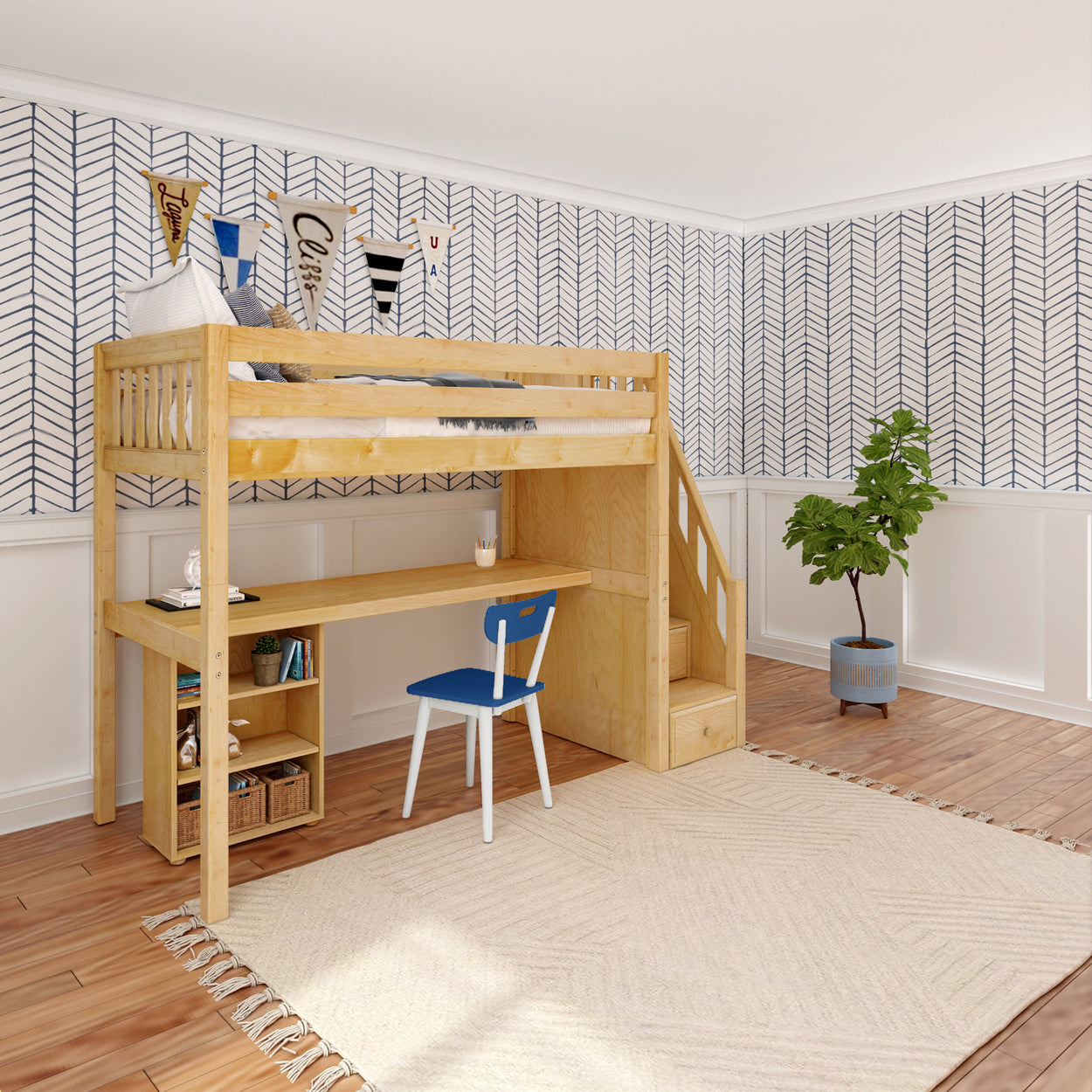 STAR18 NS : Storage & Study Loft Beds Twin High Loft w/staircase, long desk, 22.5" low bookcase, Slat, Natural