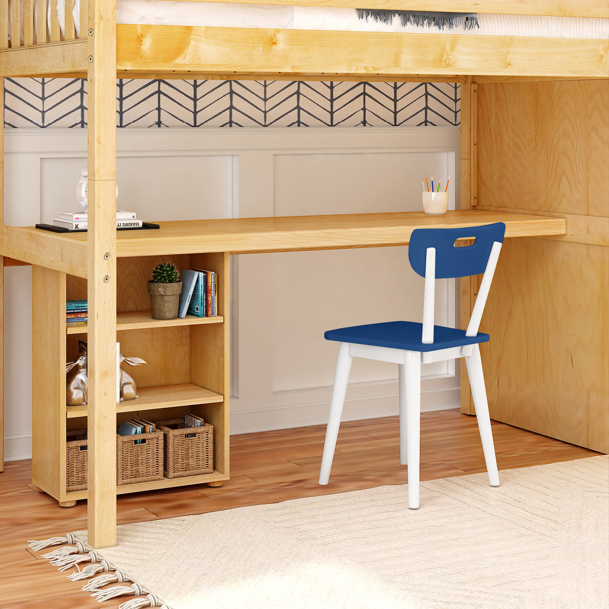 STAR18 NS : Storage & Study Loft Beds Twin High Loft w/staircase, long desk, 22.5" low bookcase, Slat, Natural