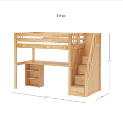 STAR18 NS : Study Loft Beds Twin High Loft w/staircase, long desk, 22.5" low bookcase, Slat, Natural