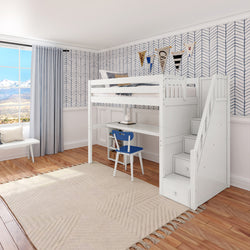 STAR18 WP : Storage & Study Loft Beds Twin High Loft w/staircase, long desk, 22.5" low bookcase, Panel, White