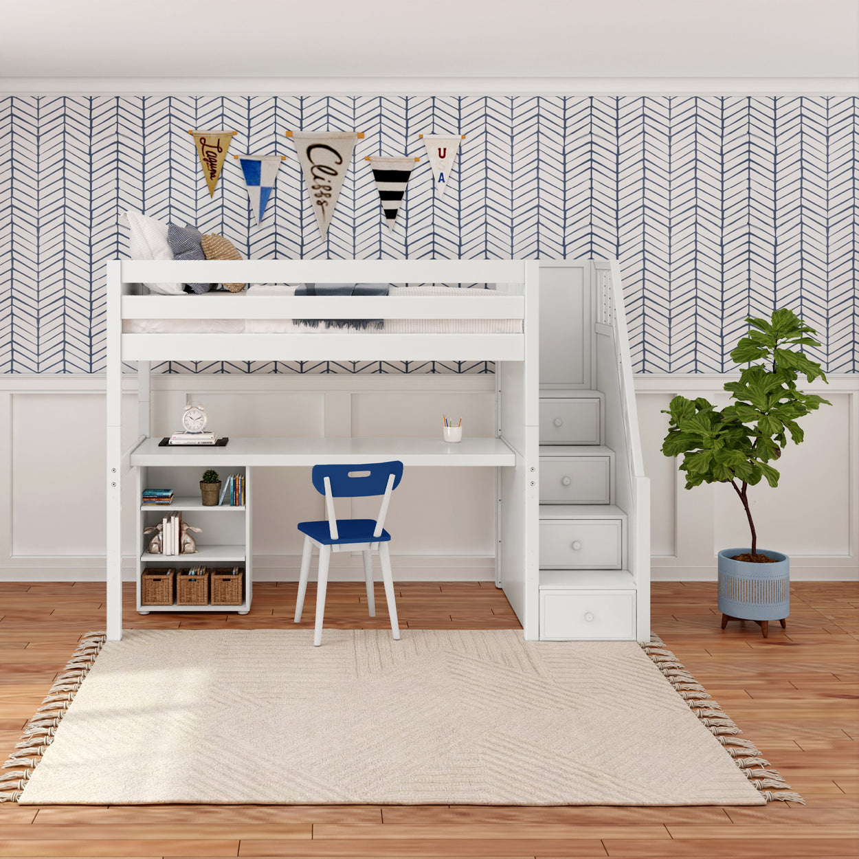 STAR18 WP : Storage & Study Loft Beds Twin High Loft w/staircase, long desk, 22.5" low bookcase, Panel, White