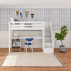 STAR18 WP : Study Loft Beds Twin High Loft w/staircase, long desk, 22.5" low bookcase, Panel, White