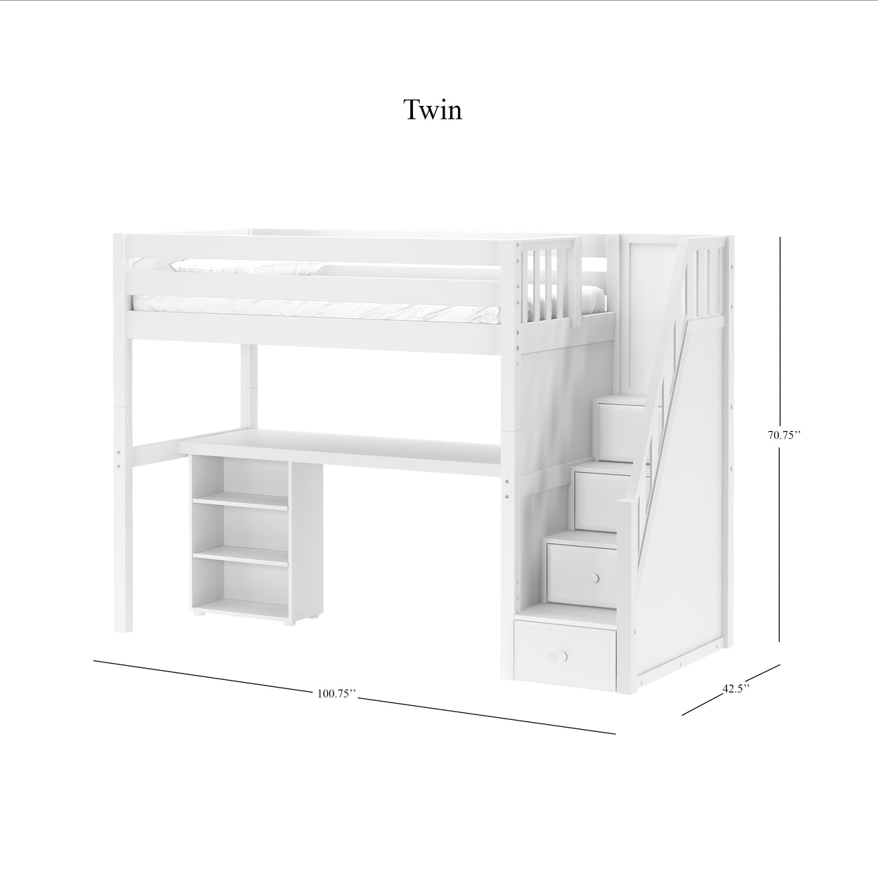 STAR18 WP : Storage & Study Loft Beds Twin High Loft w/staircase, long desk, 22.5" low bookcase, Panel, White