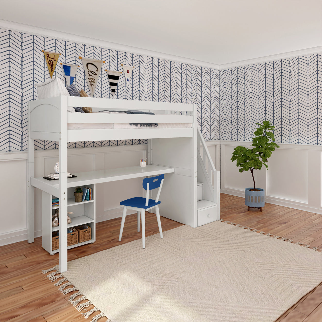 STAR18 WP : Storage & Study Loft Beds Twin High Loft w/staircase, long desk, 22.5" low bookcase, Panel, White