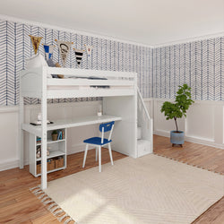 STAR18 WP : Study Loft Beds Twin High Loft w/staircase, long desk, 22.5" low bookcase, Panel, White