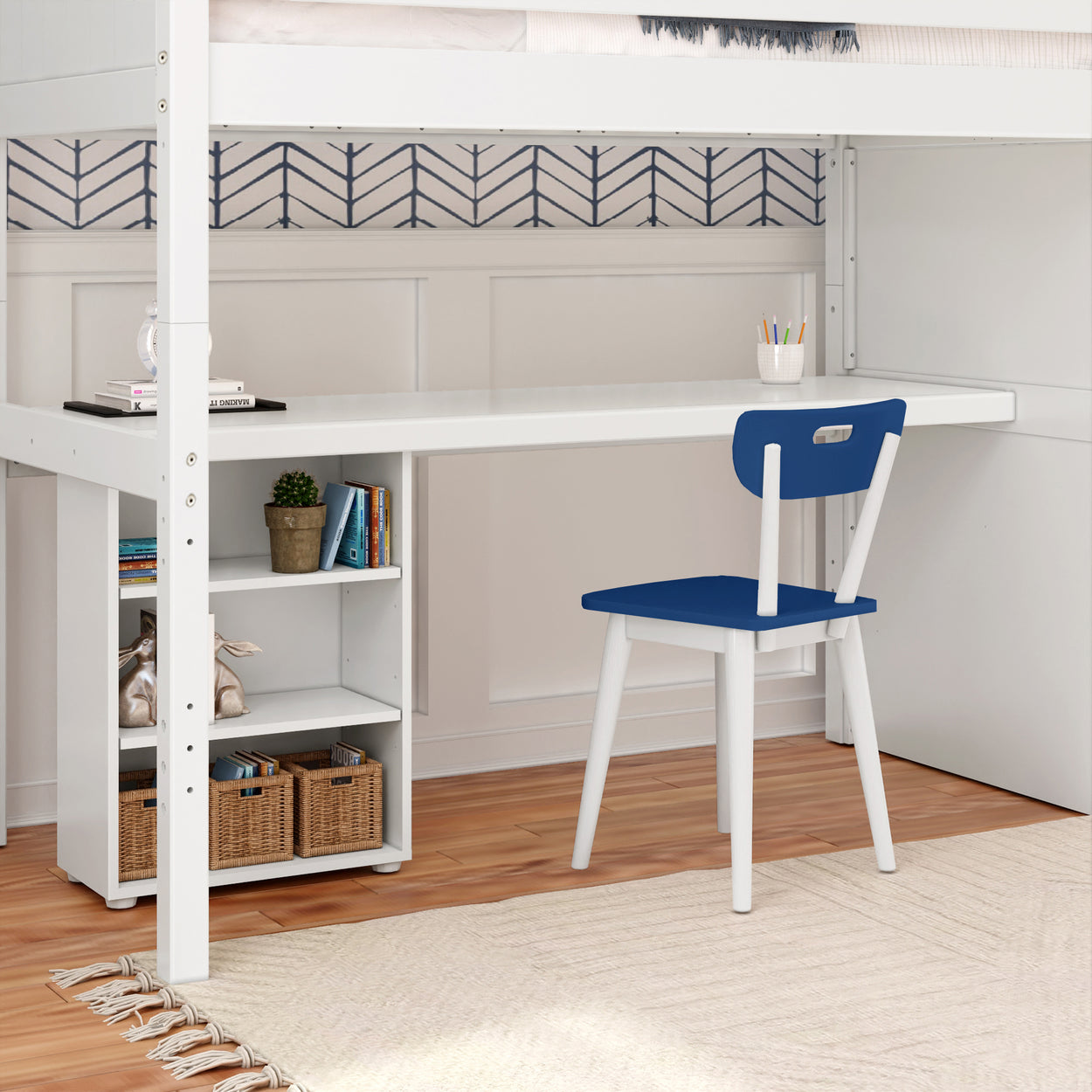 STAR18 WP : Study Loft Beds Twin High Loft w/staircase, long desk, 22.5" low bookcase, Panel, White