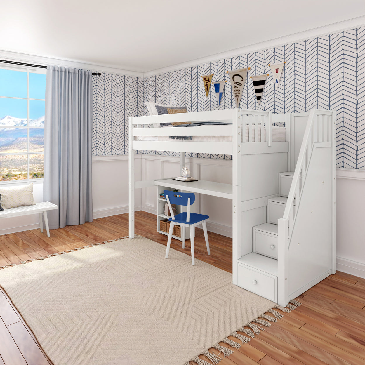 STAR18 WS : Storage & Study Loft Beds Twin High Loft w/staircase, long desk, 22.5" low bookcase, Slat, White