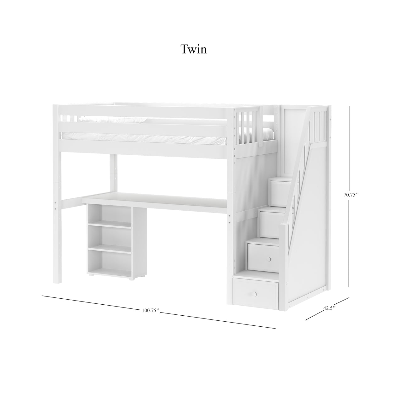 STAR18 WS : Storage & Study Loft Beds Twin High Loft w/staircase, long desk, 22.5" low bookcase, Slat, White