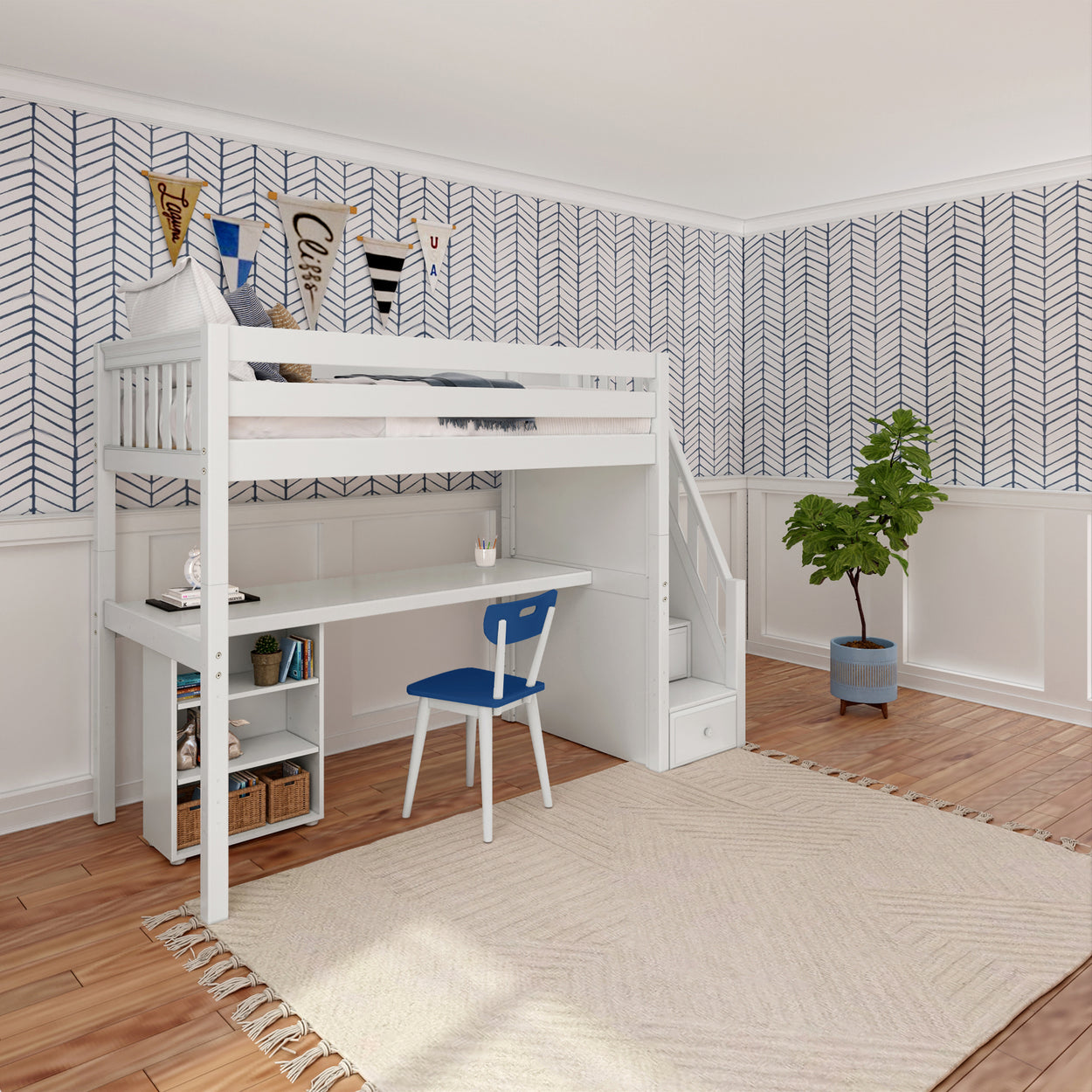 STAR18 WS : Study Loft Beds Twin High Loft w/staircase, long desk, 22.5" low bookcase, Slat, White