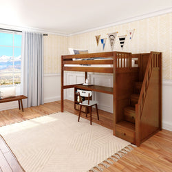 STAR18 XL CP : Storage & Study Loft Beds Twin XL High Loft w/staircase, long desk, 22.5" low bookcase, Panel, Chestnut