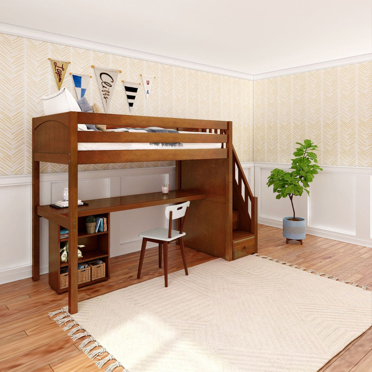 STAR18 XL CP : Study Loft Beds Twin XL High Loft w/staircase, long desk, 22.5" low bookcase, Panel, Chestnut